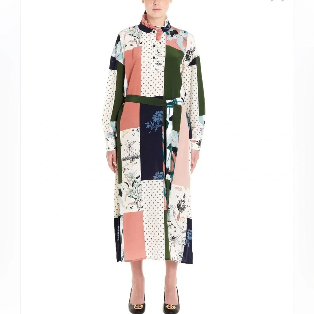 Tory Burch Multicolor Patchwork Abstract Print High Collar Long Sleeve Dress S 8